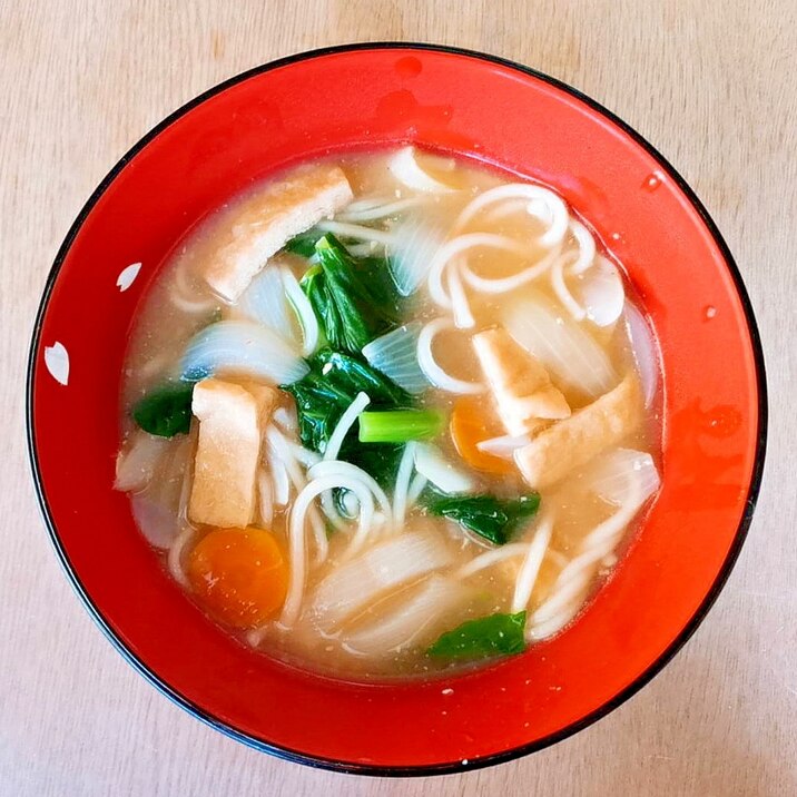 小松菜と素麺と油揚げの味噌汁